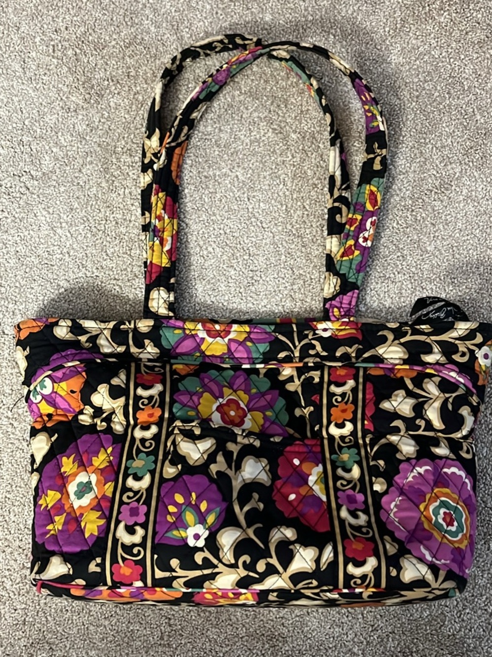 Vera Bradley Black Quilted Shoulder Bag with Multicolor Floral Motif
